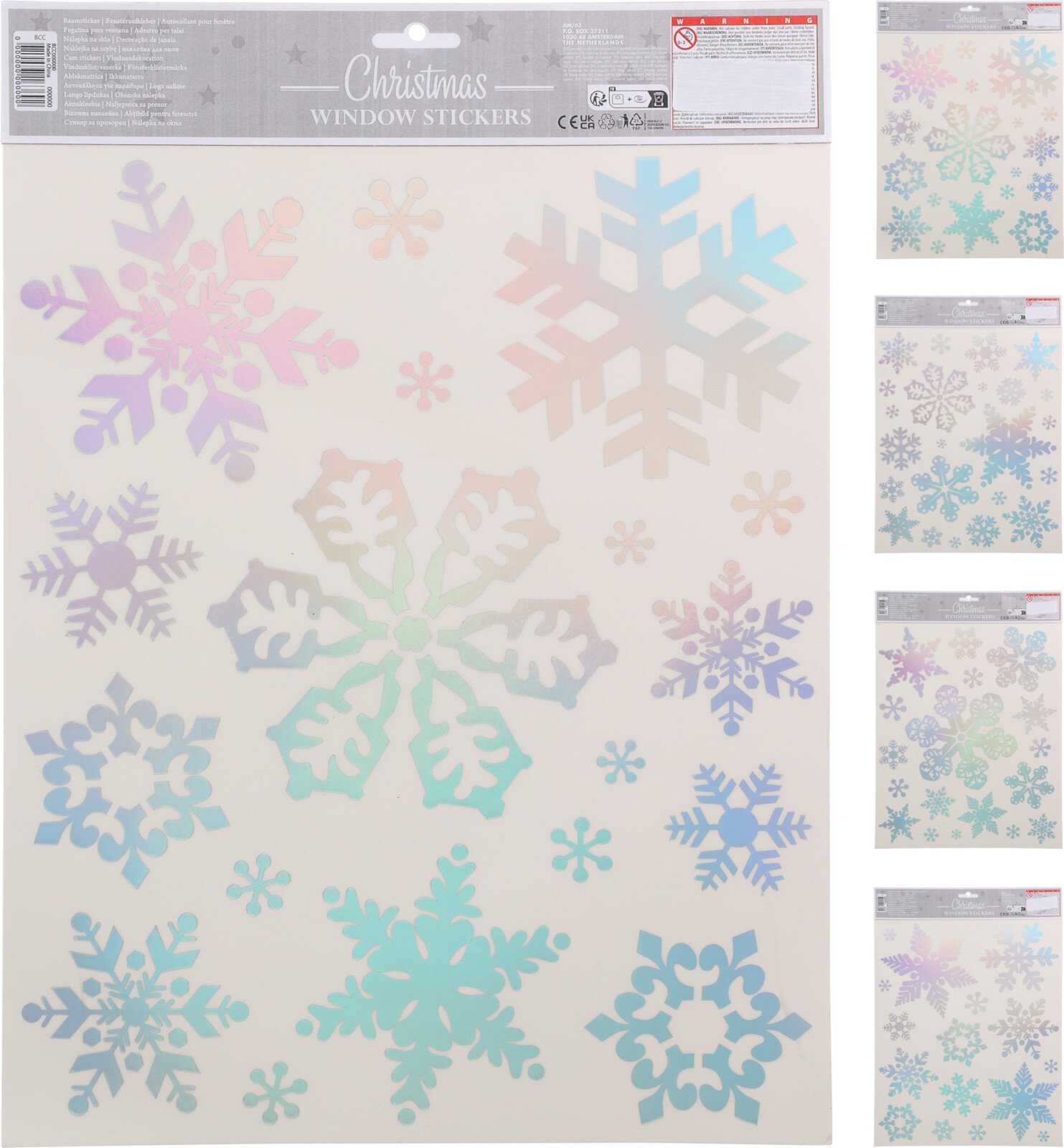 Kalėdiniai langų lipdukai, 42 x 30 cm, 4 skirtingi snaigių dizainai