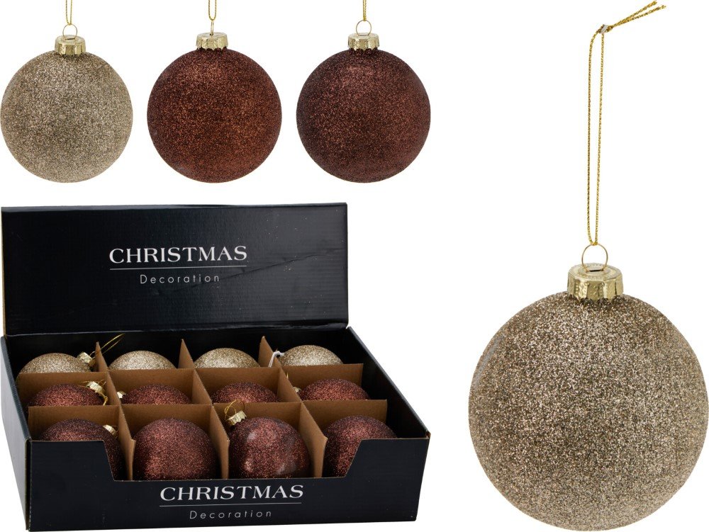 Eglutės žaisliukas, stiklas, su blizgučiais, 3 skirtingos sp., skersmuo 8 cm