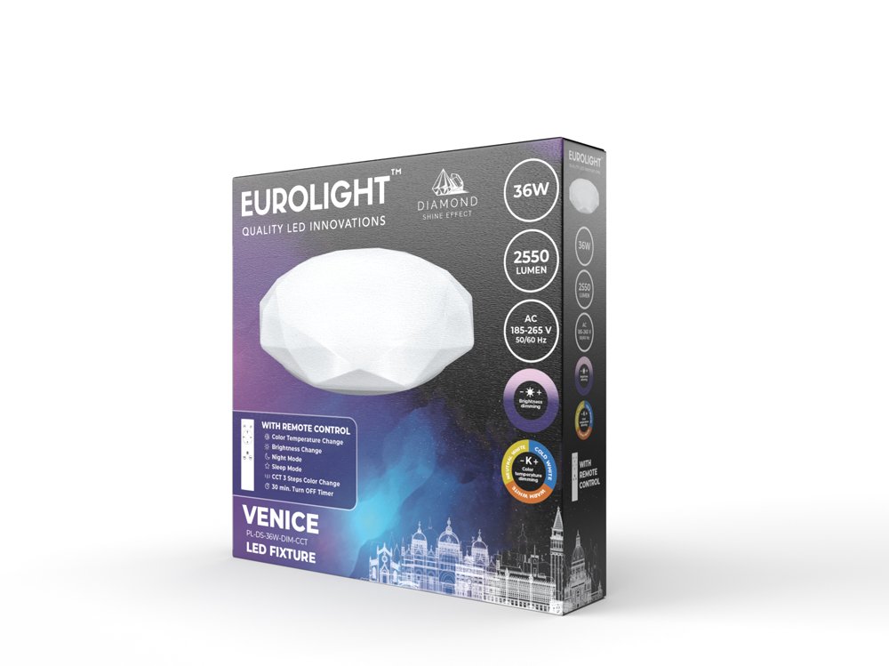 Lubinis LED šviestuvas EUROLIGHT Venice, 36 W, 185-265 V, 2340 lm, IP20, su pultu, dimeriuojamas, deimanto formos, 380 x 100 mm, PL-DS-36W-DIM-CCT