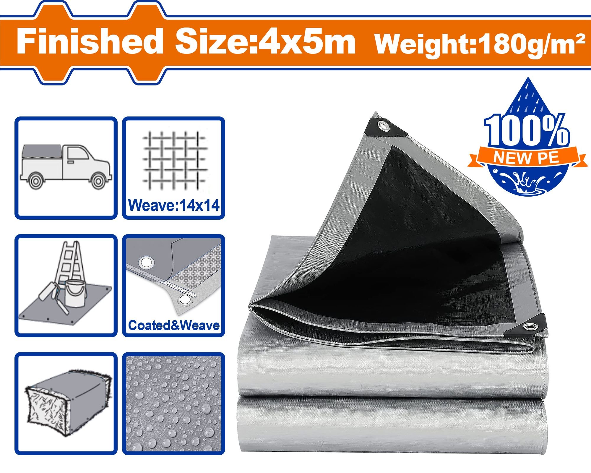 Universalus tentas WADFOW WTQ8845, 180 g/m2, storis 0,25 mm, 4 x 5 m