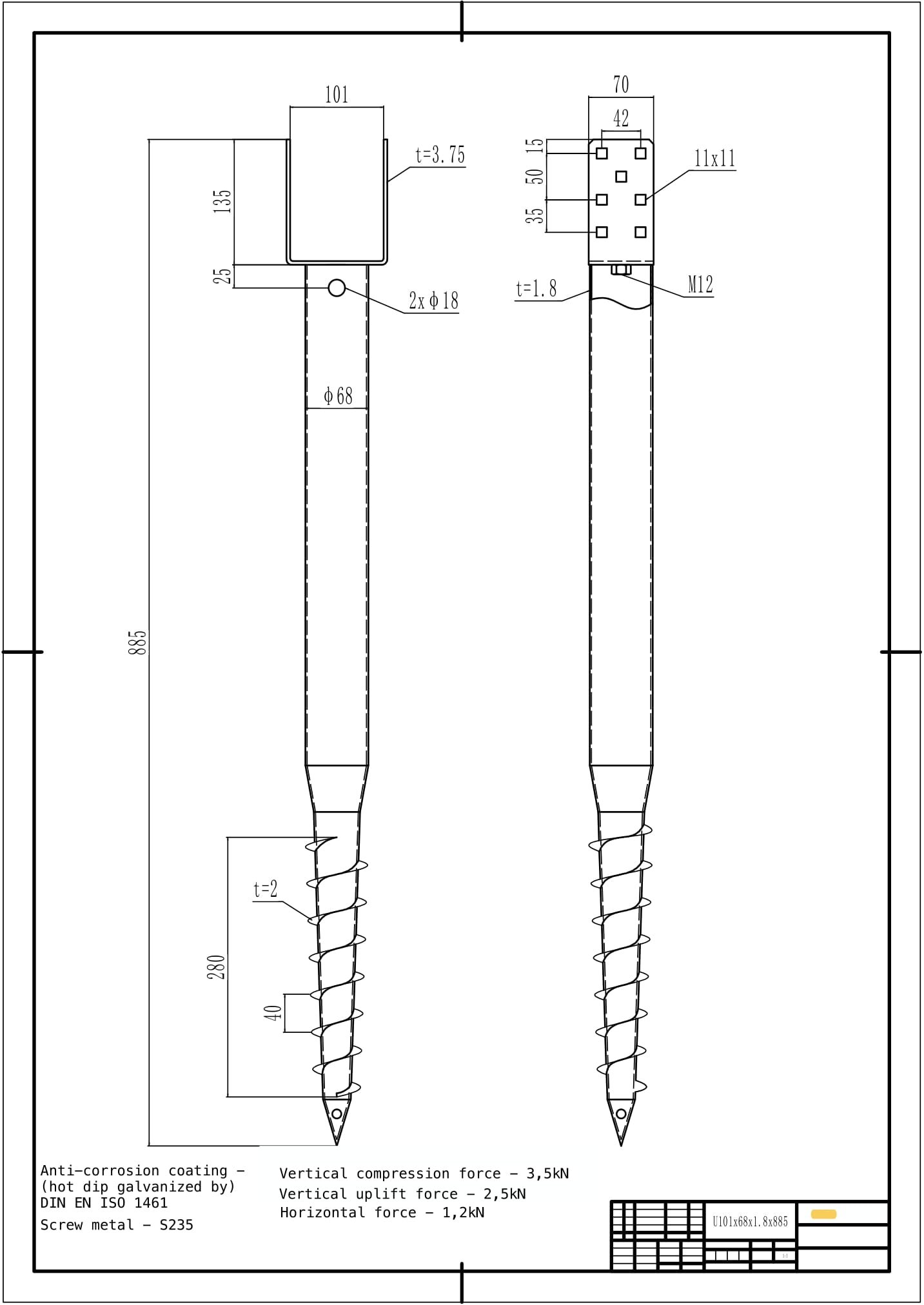Įsukamas sraigtinis U tipo polius, 101 x 885 x 1,8 mm, HDG | MOKI VEŽI