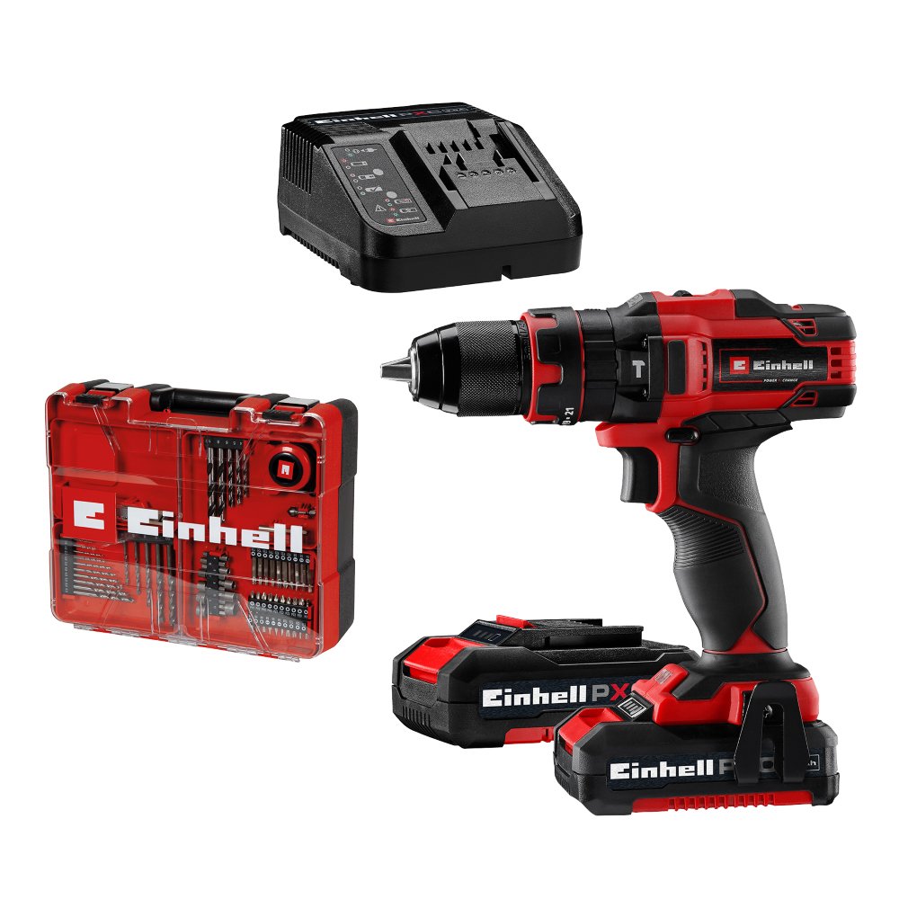 Akumuliatorinis smūginis gręžtuvas EINHELL TE-CD 18/40 Li-i, 18 V, maks. sukimo momentas 48 Nm, komplekte 2 x 2,0 Ah akumuliatoriai ir kroviklis, lagaminas, 64 dalių priedų komplektas
