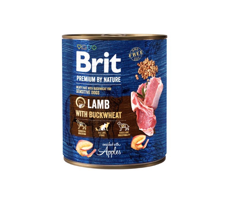 Konservuotas šunų ėdalas BRIT Premium By Nature, su ėriena ir grikiais, 800g
