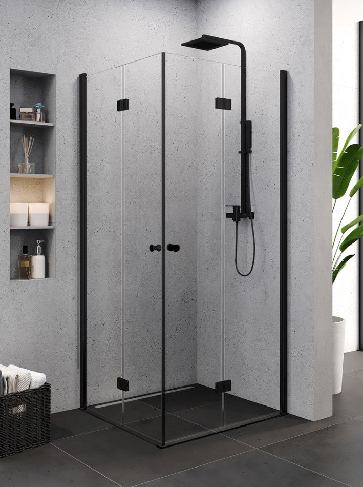 Dušo kabina HARMONY Nerea Flex Black HAR-0299, 80 x 80 x 195 cm, kvadratinė, berėmė, juodas profilis, skaidrus 6 mm stiklas, be padėklo