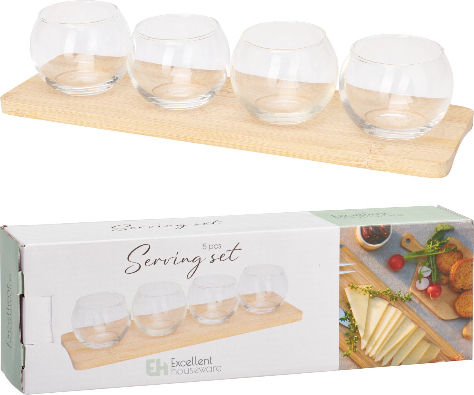 Serviravimo indų rinkinys, 4 vnt. stiklinių indelių ir bambukinis padėklas