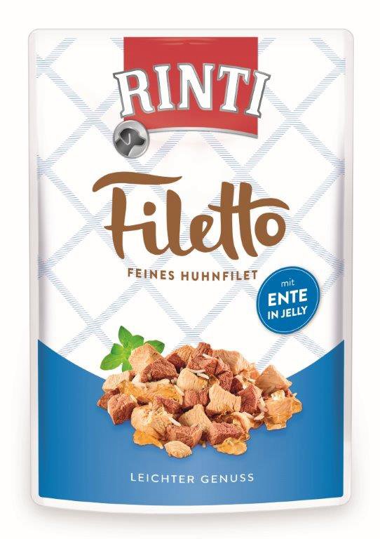 Konservuotas šunų ėdalas RINTI Filetto, su vištiena ir antiena, maišelyje, 100g