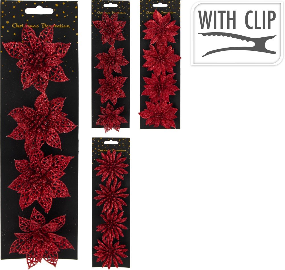 Kalėdinė dekoracija Gėlės, 4 vnt., su segtukais, raudonos sp., skirtingi dizainai, skersmuo 8 cm