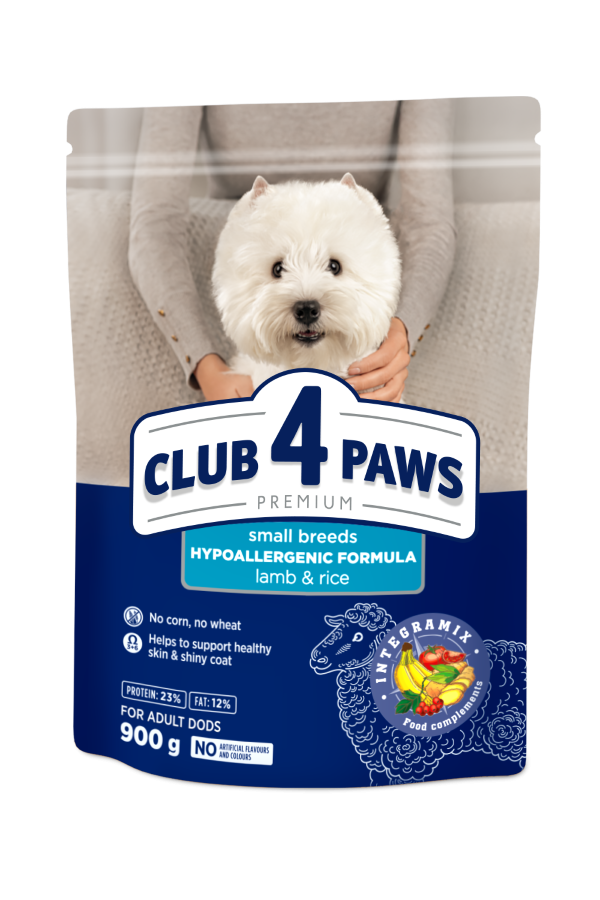 Sausas šunų ėdalas CLUB4PAWS, mažų veislių, ėriena su ryžiais, 900g