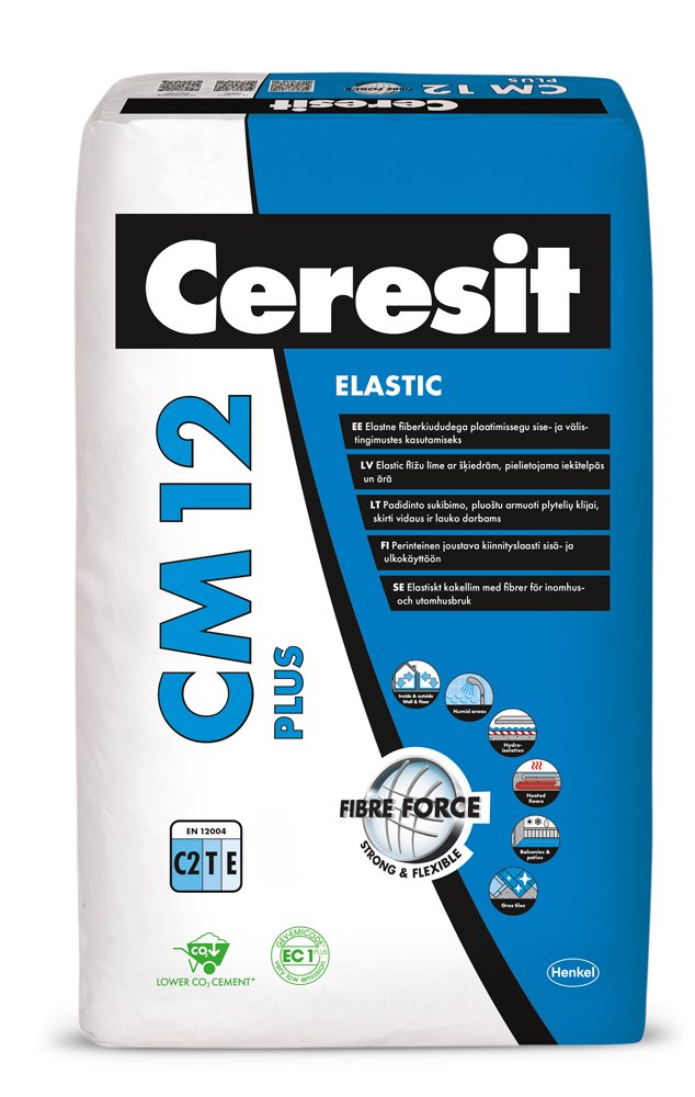 Plytelių klijai CERESIT CM12 ELASTIC PLUS, C2 TE, vidaus ir išorės darbams, 25 kg