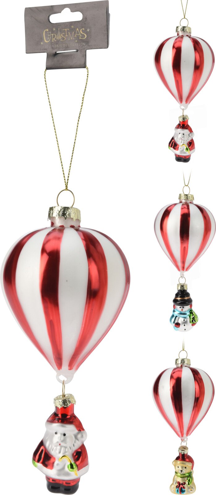 Eglutės žaisliukas Oro Balionas, raudonos ir baltos sp. Su sniego seniu/meška/kalėdų senis, 65 x 190 mm
