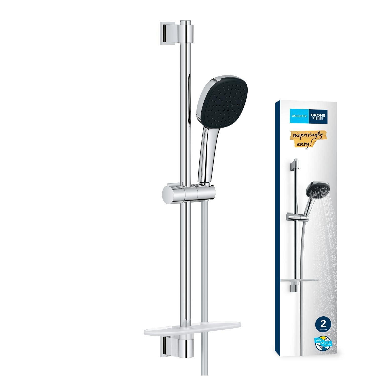 Dušo komplektas GROHE QuickFix Vitalio Comfort 110, 2-srovių dušelis, stovas ir žarna, klijuojamas arba prisukamas, chromo spalva, 26929001