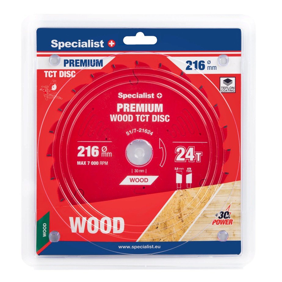 Medienos pjovimo diskas skersinio pjovimo staklėms SPECIALIST+ Wood Premium, 216x30 mm, 24 dantys