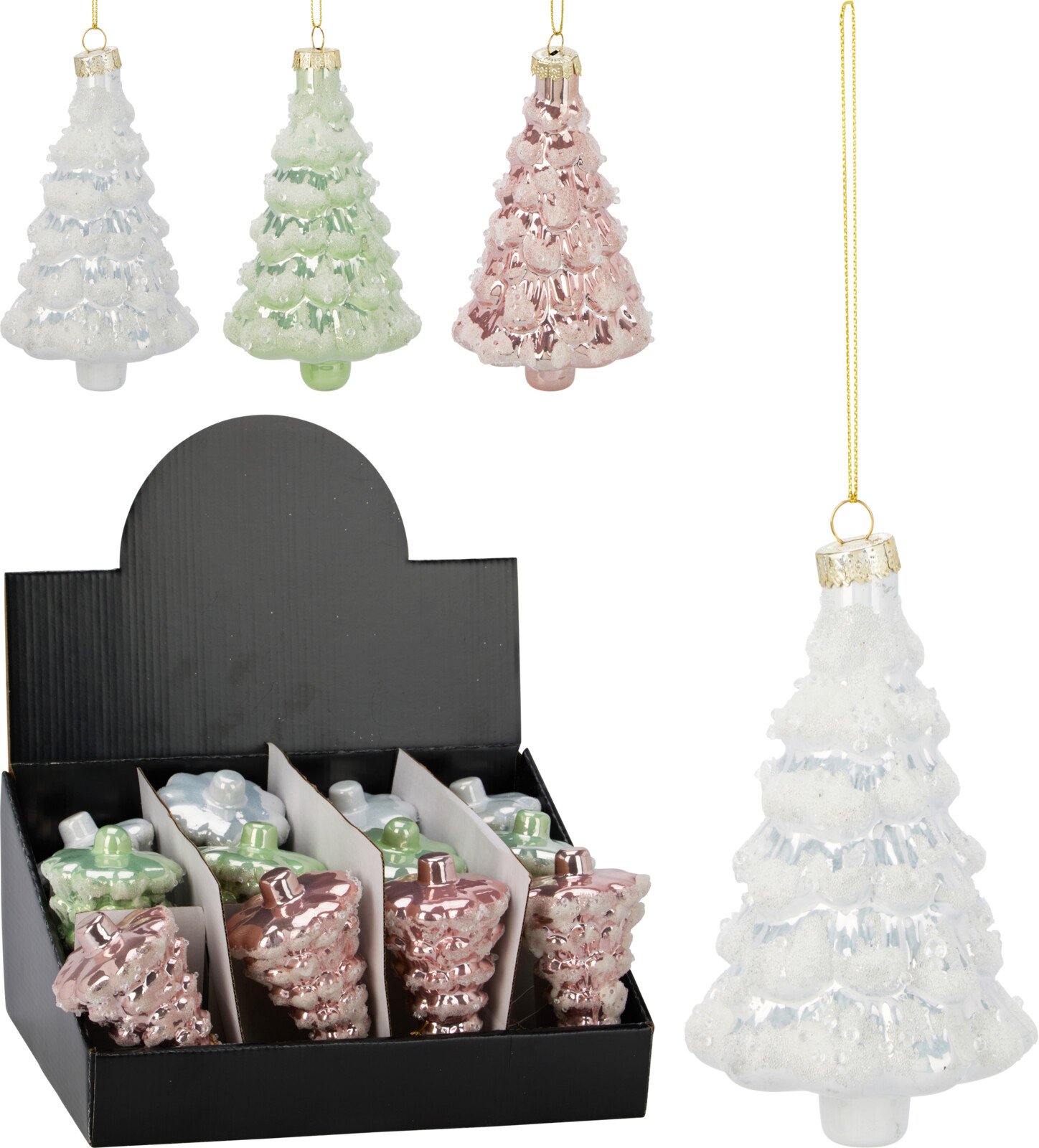 Eglutės žaisliukas Eglutė, stiklas, 3 skirtingos sp., 7,7 x 12,7 cm