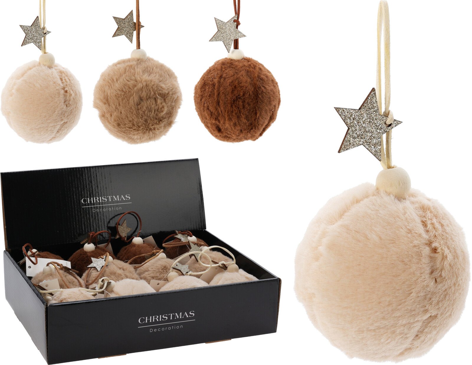 Eglutės žaisliukas, su dirbtinio kailio apdaila, 3 skirtingos sp., su žvaigžde, skersmuo 8 cm