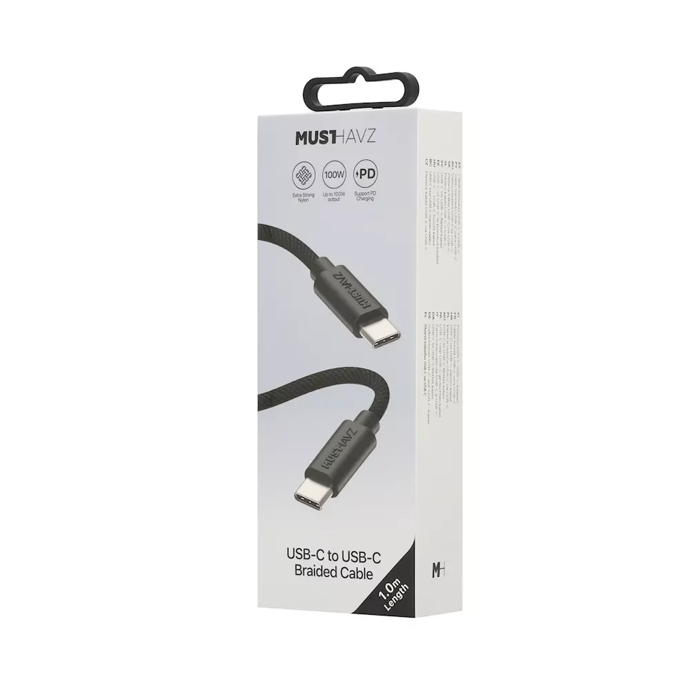 Įkrovimo laidas MUSTHAVZ, USB-C į USB-C pintas laidas, 1 m, 100W, juodos sp., MHBRCABUSBCB