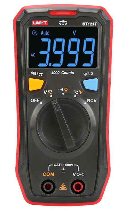 Multimetras UNI-T Ut123T, Kintama/nuolatinė įtampa iki 600V, varža iki 20, temp. iki 300°C, sujungimo tikrinimas, bekontaktis lauko aptikimas.