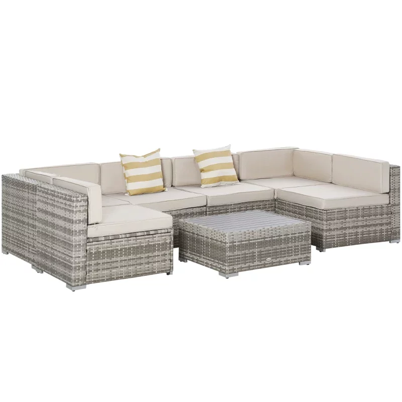 Sodo baldų komplektas NOVELLY HOME Garda YHL-1100, 3 dalių kampinė sofa, stalas su stiklu, pilkas ratanas su šviesiai rudomis pagalvėmis