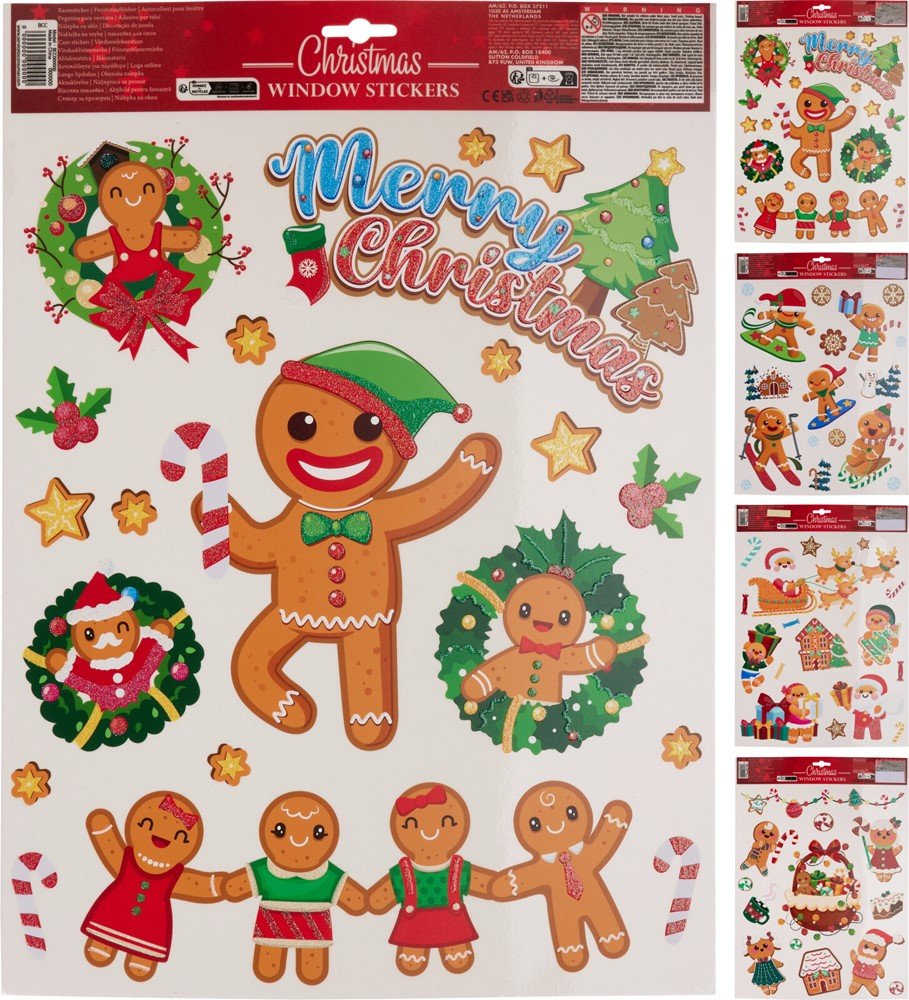 Kalėdiniai langų lipdukai Meduoliai, su spalvotu blizgučiu, 4 skirtingi dizainai, 30 x 42 cm