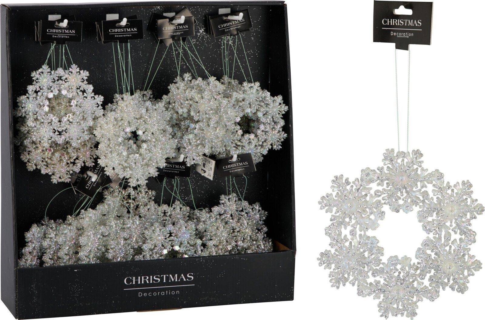 Kalėdinė dekoracija Snaigių vainikas, pakabinama, sidabrinės sp., 12 cm.