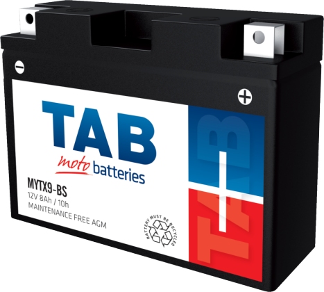 Akumuliatorius TAB, AGM, motociklinis, YTX9BS, 8AH, 12V, A, 150 x 87 x 105 mm, starterinis, rūgštinis, poliariškumas -+