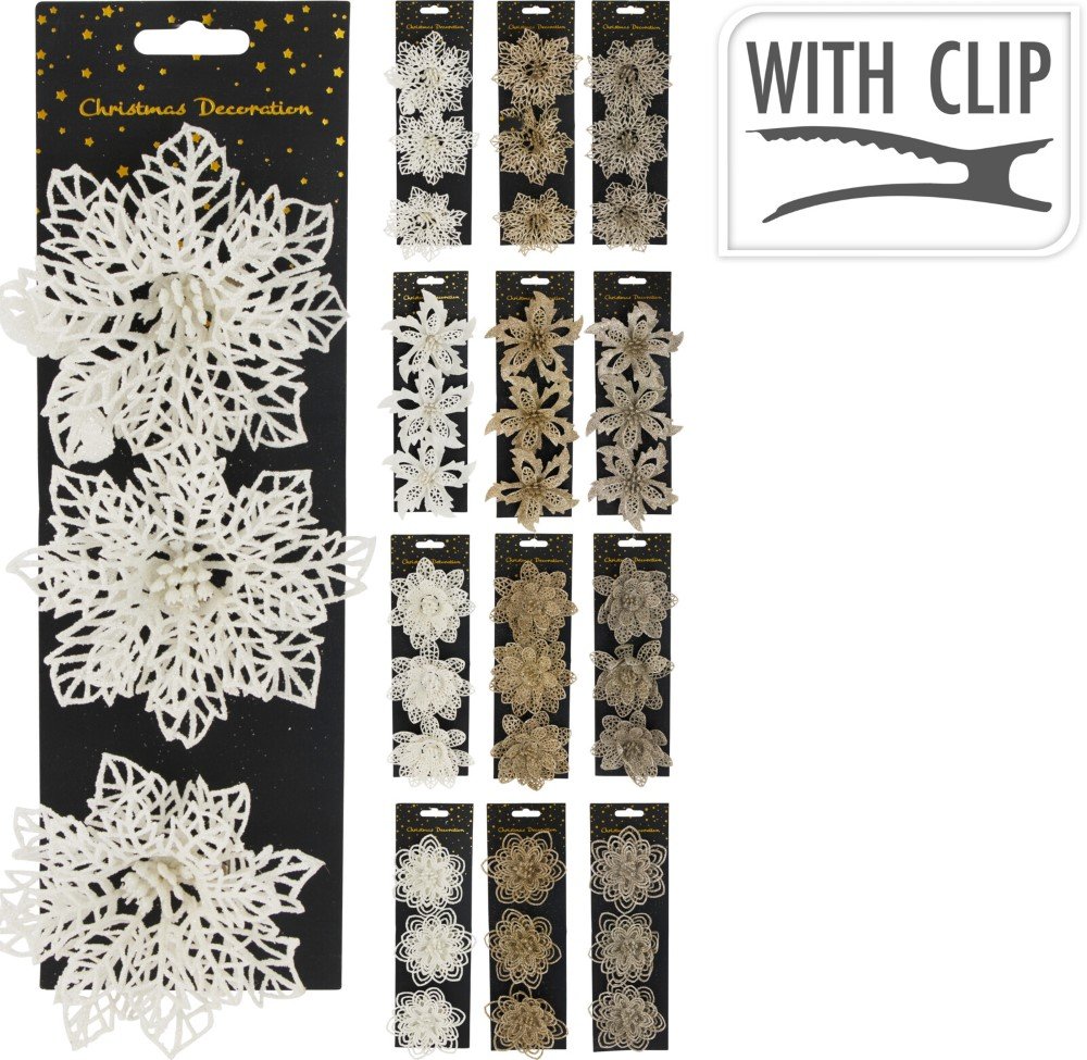 Kalėdinė dekoracija Gėlė, 3 vnt., su segtukais, 12 cm, 3 skirtingos spalvos, su blizgučiais, 4 skirtingi gėlių dizainai