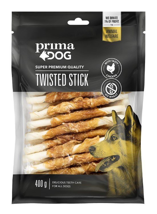Skanėstas šunims PRIMADOG, vištienos ir apdorotos odos lazdelė, 13cm, 45vnt, 400g