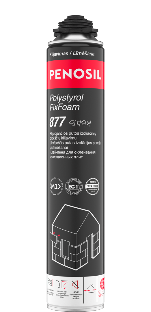 Klijuojančios putos PENOSIL Polystyrol FixFoam 877, izoliacinių plokščių klijavimui, 750ml