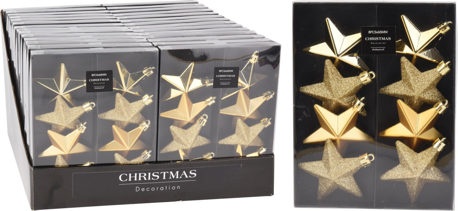 Eglutės žaisliukai Žvaigždės, 8 vnt., aukso sp., blizgūs, matiniai ir žėrintys