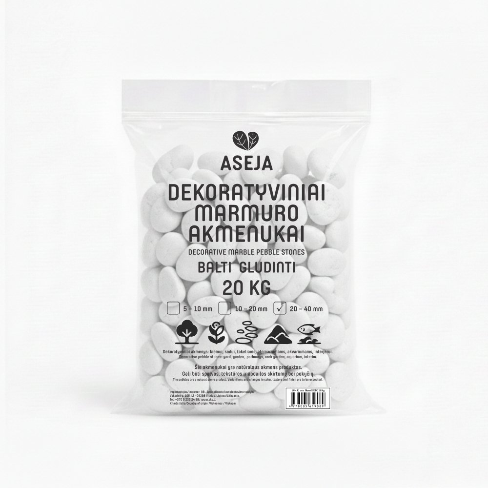Dekoratyviniai marmuro akmenukai ASEJA, balti, gludinti, 20-40 mm, 20 kg