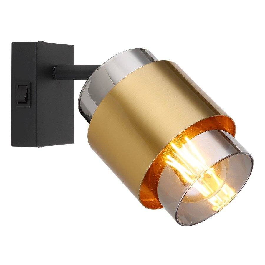 Kryptinis šviestuvas GLOBO Milley, E27, 1 x 40W, 230V, su jung., juodos matinės sp. metalas, dūmų sp. stiklas, žalvarinis žiedas, 100x150x145mm, 15560-1