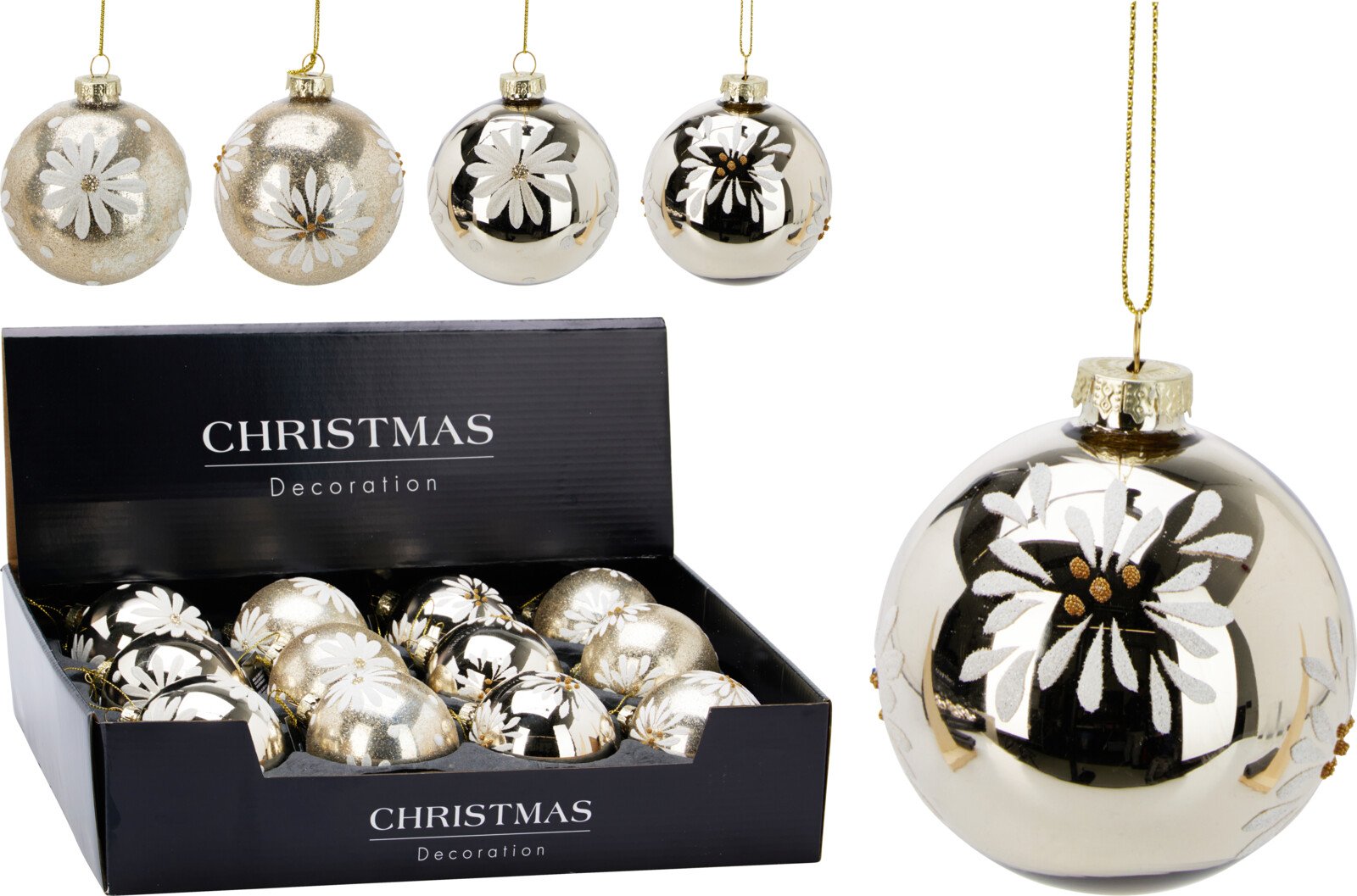 Eglutės žaisliukas Gėlės, stiklas, 4 skirtingos sp., skersmuo 8 cm