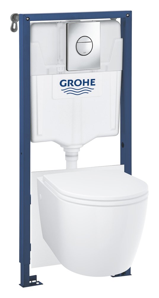Klozeto komplektas GROHE START ROUND CERAMIC SOLIDO 5in1, kompl. potinkinis rėmas, klozetas, lėtai nusileidžiantis, lengvai nuimamas dangtis, "Sail" mygtukas, garso izoliacijos tarpinė.