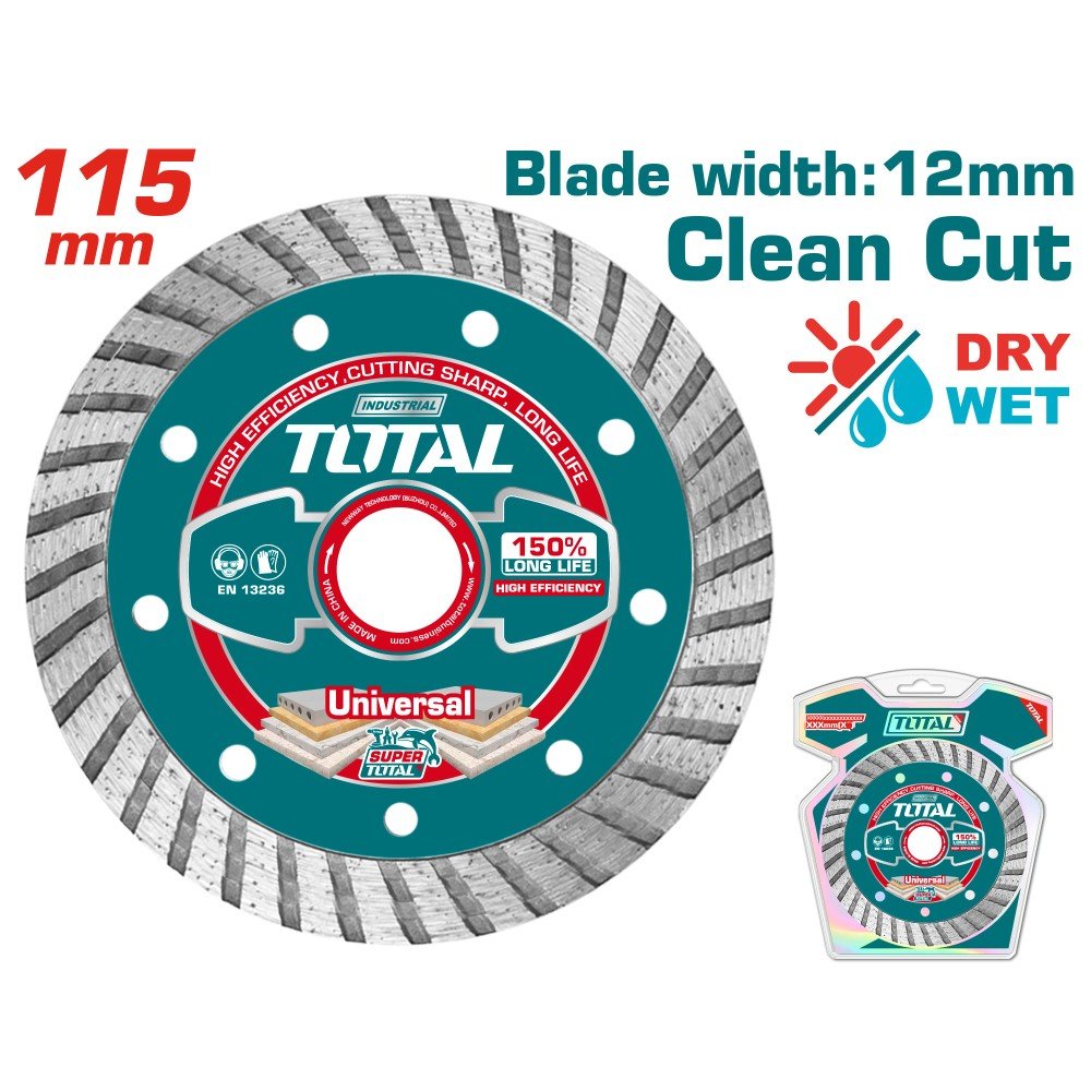 Deimantinis pjovimo diskas TOTAL, Turbo, sausam/šlapiam pjovimui, 115x22 mm, segmento plotis 10 mm, TAC2131151