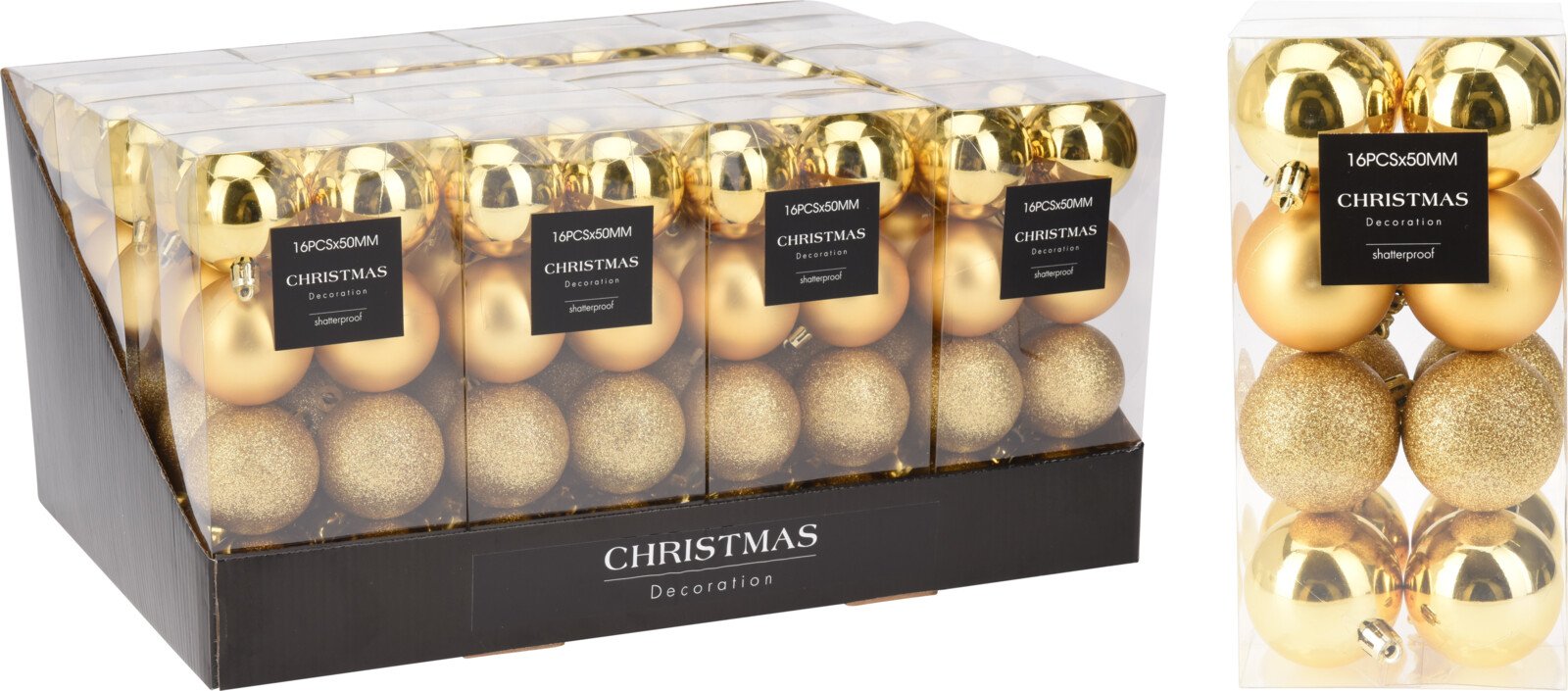 Eglutės žaisliukų rinkinys, 16 vnt., stiklas, aukso sp., matiniai, blizgūs ir žėrintys, skersmuo 5 cm