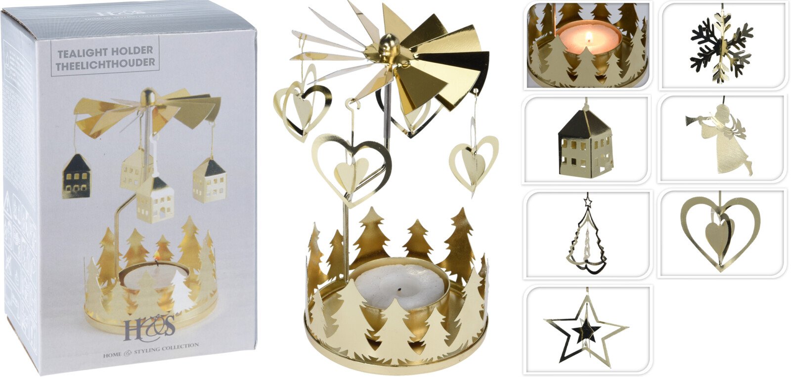 Arbatinės žvakės laikiklis Karuselė, metalinis, aukso sp., su 4 pakabinamomis 3D dekoracijomis ir stovu su kalėdinėmis eglutėmis, 6 skirtingi dizainai, 13 x 8 cm