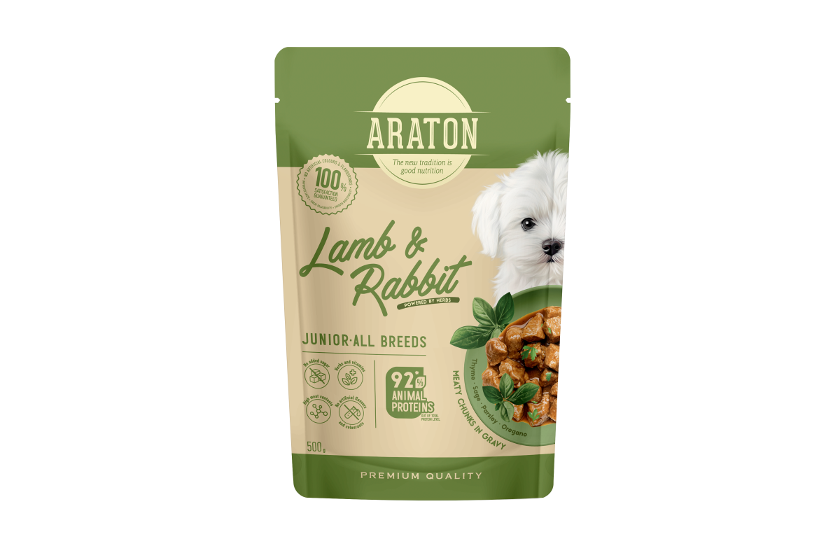 Konservuotas šunų ėdalas ARATON, visų veislių jaunų šunų šlapias pašaras su ėriena ir triušiena, 500 g