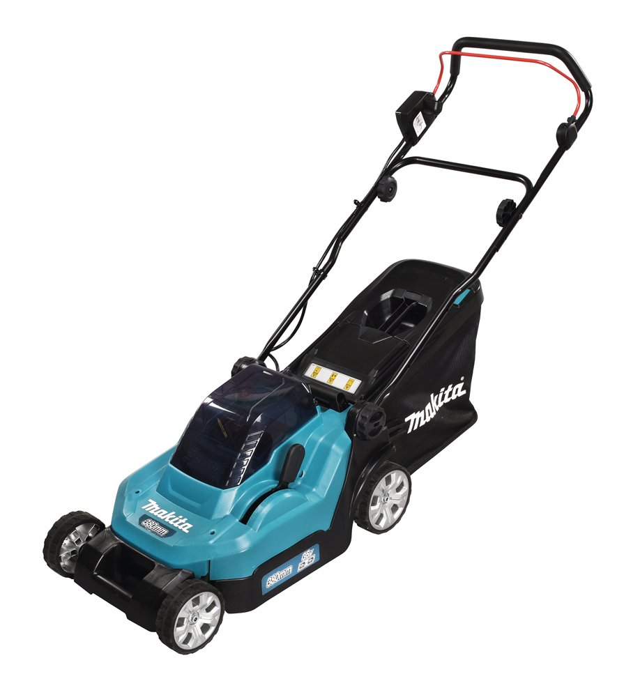 Akumuliatorinė vejapjovė MAKITA DLM382PM2, 2 x 18 V, 38 cm, 40 l krepšys, 2 x 4 Ah akumuliatoriai ir greitasis dvigubas pakrovėjas DC18RD