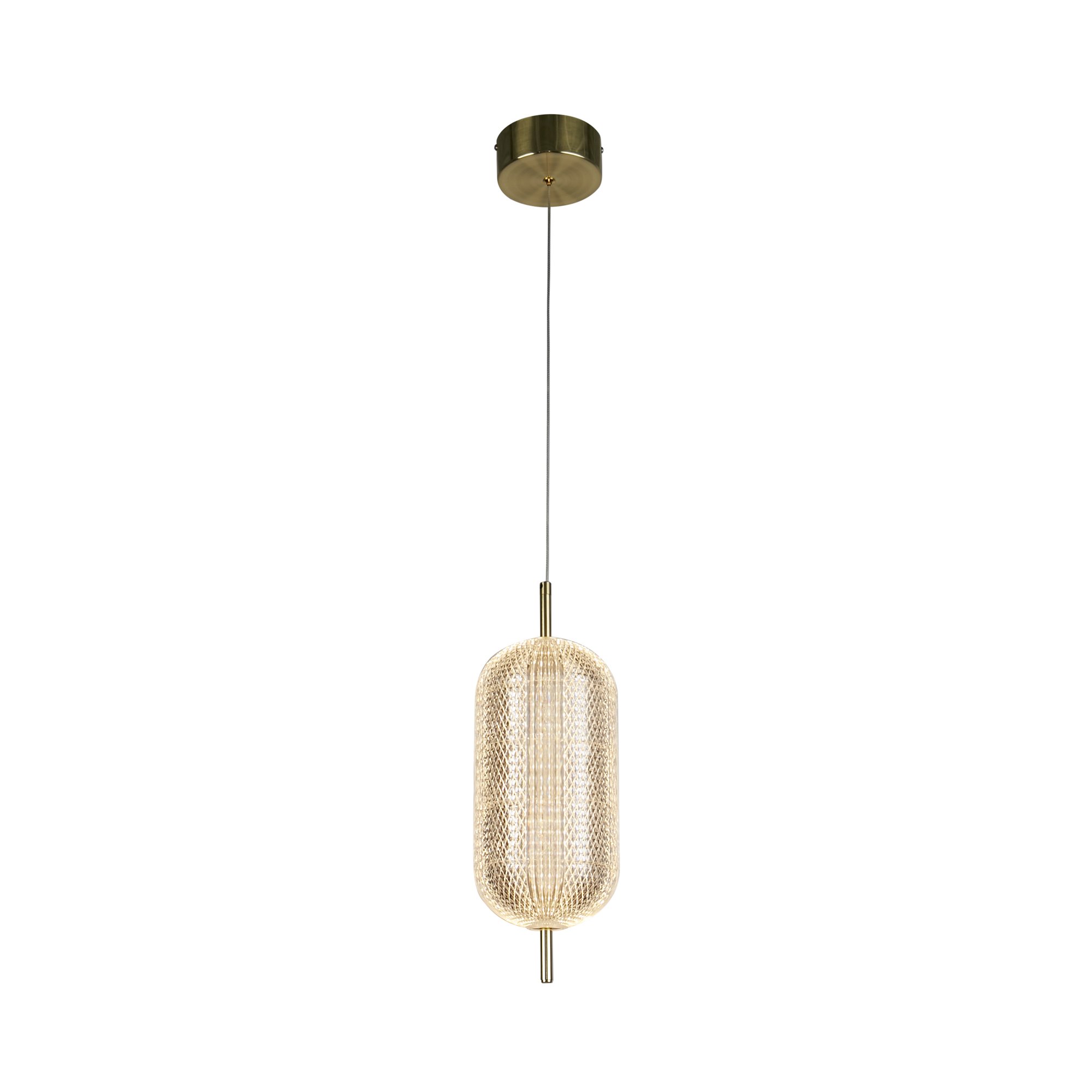 Pakabinamas LED šviestuvas SEARCHLIGHT Capsule, 19W, 230V, 3000K, 2128lm, satino spalvos žalvario metalo ir akrilo gaubtas, dimeriuojamas, 150 x 150 x 410 mm, maksimalus aukštis 1500 mm, 28803SB