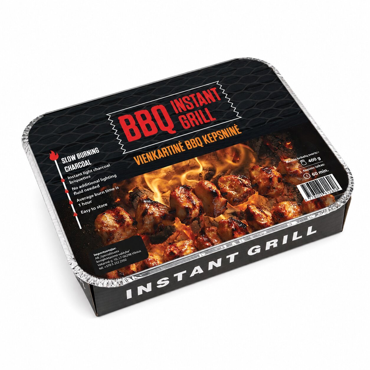 Vienkartinė kepsninė BBQ Instant Grill, su medžio anglies briketais, 60 min., 270x220x50 mm