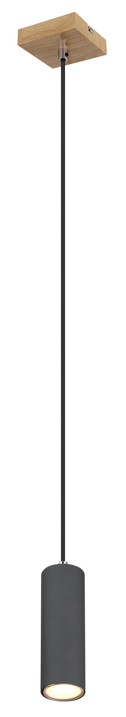 Pakabinamas šviestuvas GLOBO Robby, GU10, 1 x 35W, 230V, 1,2 m ilgio laidas, metalinis, matinės juodos sp. su medžio imitacija, 90 x 90 x 1200 mm, 57911HG