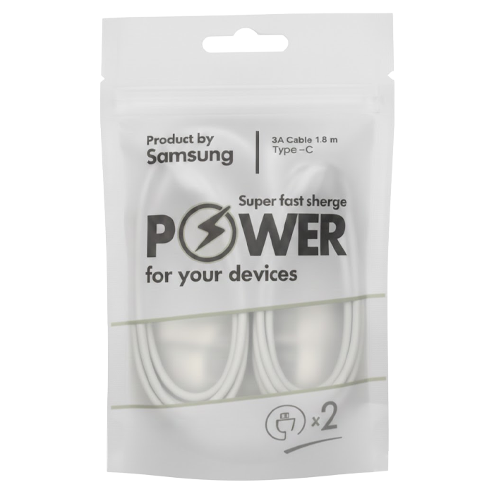 Įkrovimo laidas SAMSUNG, 3A, Type-C, laido ilgis 1,8 m, komplekte 2 vnt., baltos sp.
