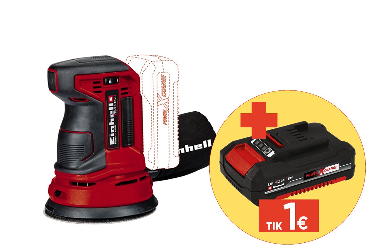Akumuliatorinis ekscentrinis šlifuoklis EINHELL TE-RS, Solo, 18 V, Li-ion, šlifavimo paviršius Ø125 mm, svoris 1,15kg, vibracijos greitis 14000 aps./min - 22000 aps./min, be akumuliatoriaus ir kroviklio