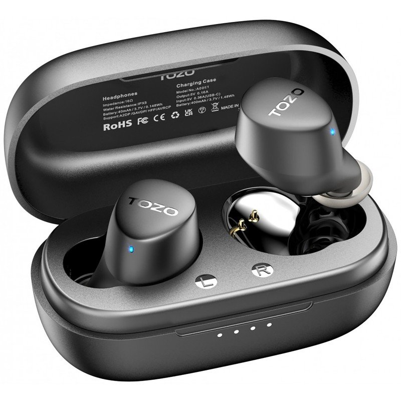 Įkraunamos belaidės ausinės TOZO Agile Dots, IPX5 atsparumas vandeniui, TWS, Bluetooth 5.3., pilnai pakrautos ausinės su dėklu veikia 22 val., juodos sp., A00E1