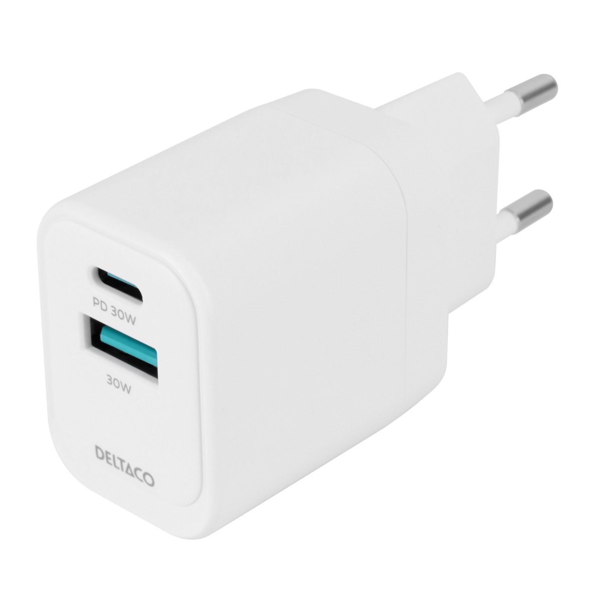 Telefono įkroviklis DELTACO USBC-AC155, 1x USB-A 18 W, 1x USB-C 30 W, baltos sp.