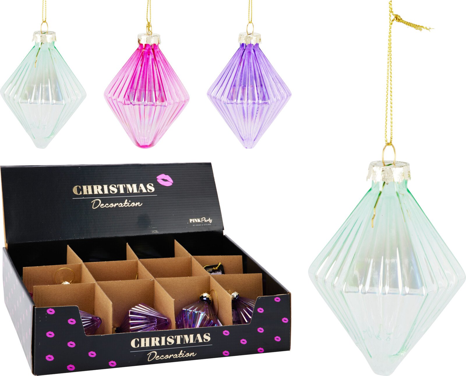 Eglutės žaisliukas, stiklas, deimanto formos, 3 skirtingos sp., 6,8 x 6,8 x 8,9 cm