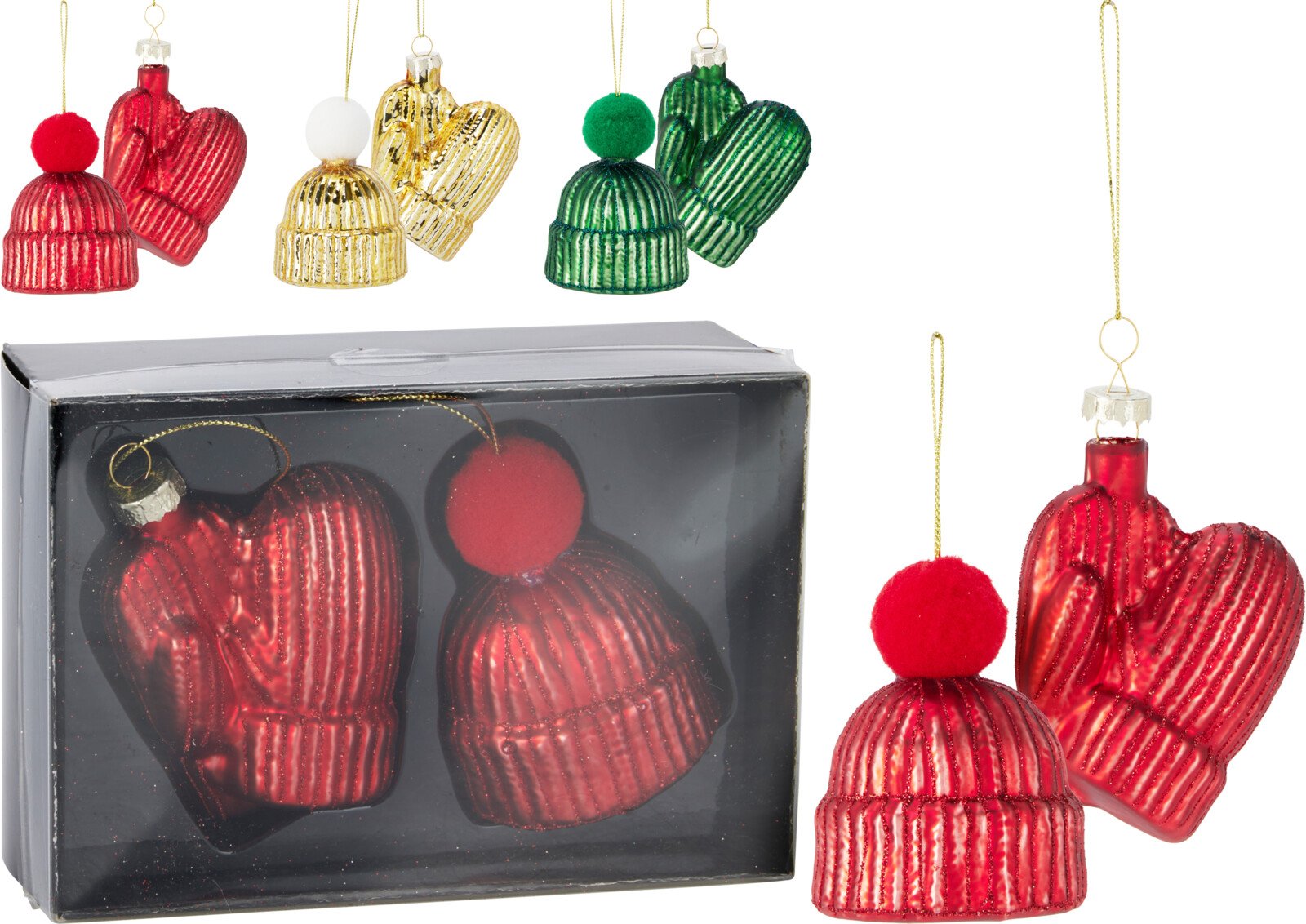 Eglutės žaisliukai Pirštinė ir kepurė, stiklas, 3 skirtingos sp., rinkinys 2 vnt.