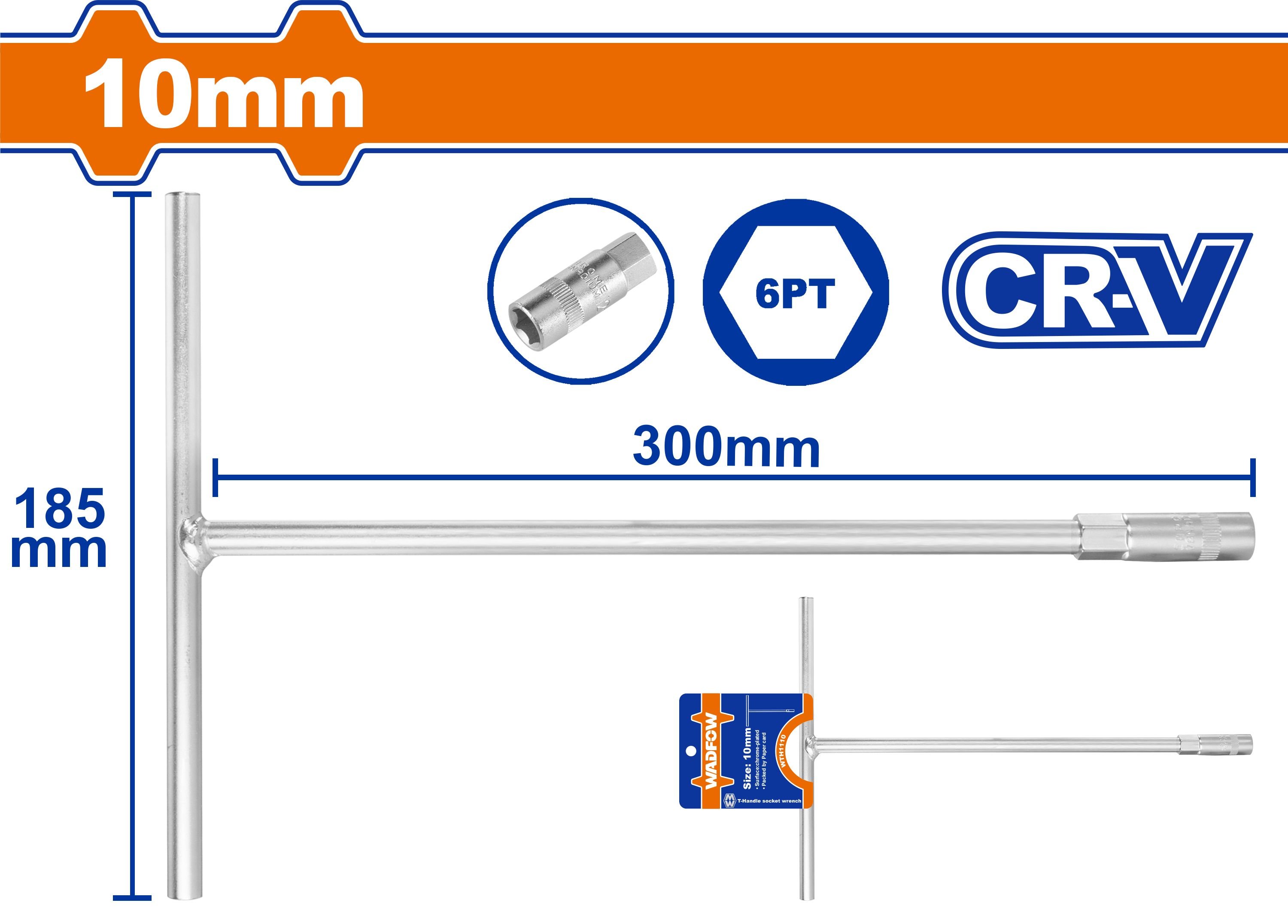 Raktas-galvutė WADFOW, T-formos, Cr-V, 10 mm, 185x300 mm, WTH1110