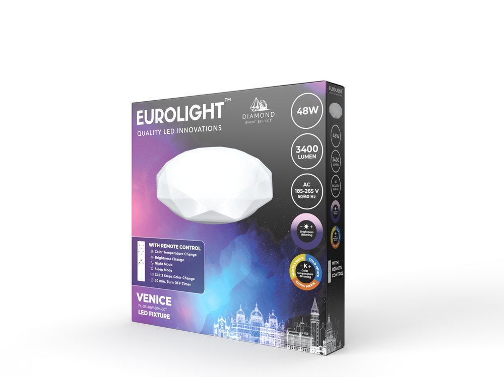 Lubinis LED šviestuvas EUROLIGHT Venice, 48 W, 185-265 V, 3120 lm, IP20, su pultu, dimeriuojamas, deimanto formos, 480 x 110 mm, PL-DS-48W-DIM-CCT