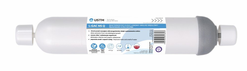 Vandens filtravimo kasetė USTM L-GAC-Q, 10", In-Line, granuliuota aktyvinta anglis, 1/4" greita jungtis
