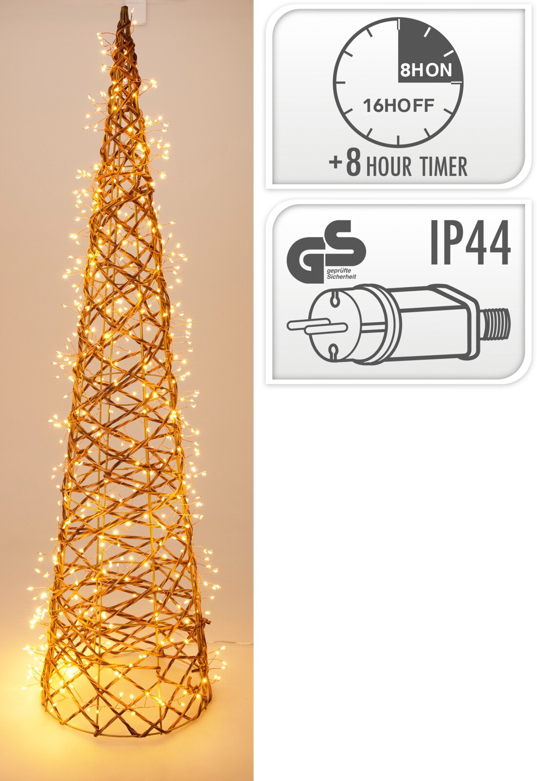 Kalėdinė LED dekoracija Eglutė, geležies viela, šiltos baltos sp., skaidrus kabelis 500 cm, 24 x 24 x 100 cm, lauko naudojimui